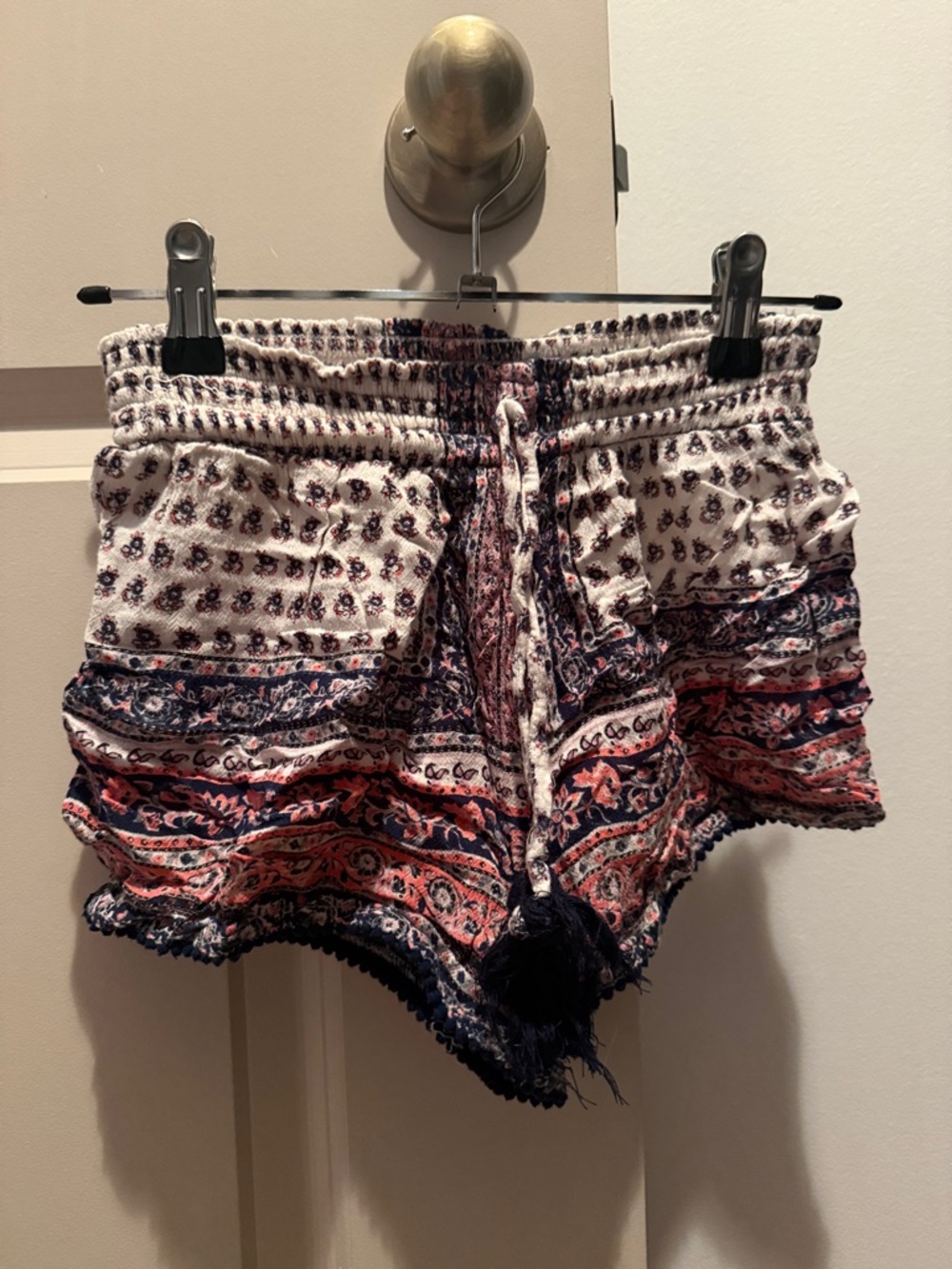 Japna Cream, Navy and Coral Boho-Print Drawstring Shorts